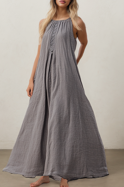 Linen Washed Fabric Dress With No, Gray, Maxi Dresses