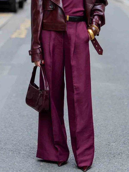 Urban Plain Regular Fit Fashion Wide leg Pants, Wine red, Pants