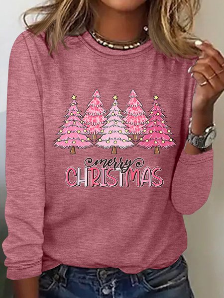 Pink Tree Christmas Casual Long Sleeve Shirt, Watermelon, Long sleeves