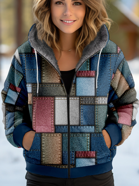 

Women's Plaid Thicken Loose Jacket, Blue, Outerwear