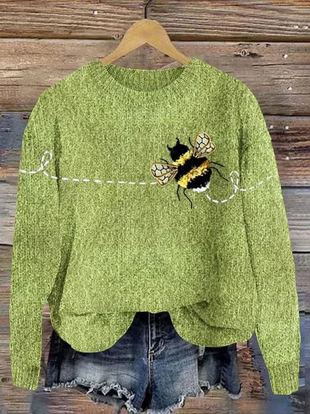 

Women's Freedom Bee Print Knit Crew Neck Sweater, Green, Sweaters