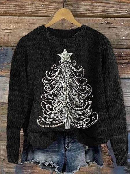 

Women's Christmas Tree Print Knitted Crew Neck Sweater, Black, Sweaters