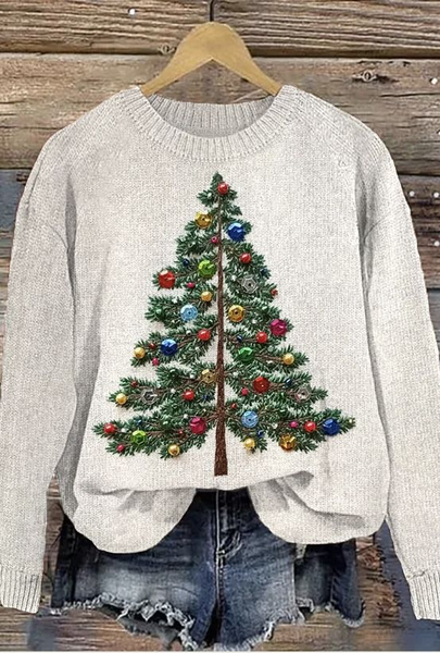 

Women's Christmas Tree Casual Crew Neck Sweater, White, Sweaters