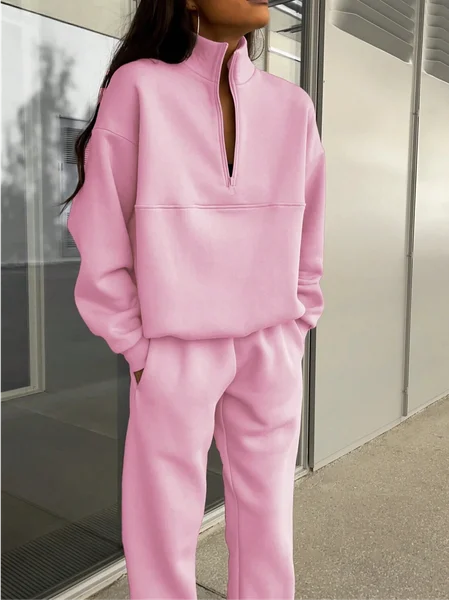 

Women Plain Half Open Collar Long Sleeve Comfy Casual Top With Pants Two-Piece Set, Pink, Sets