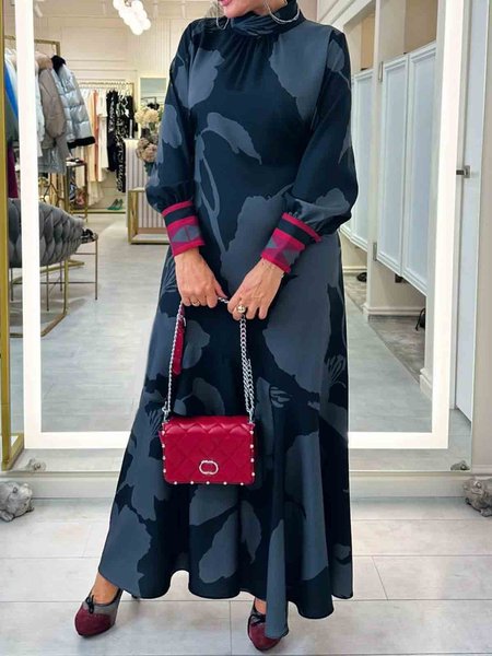 

Elegant Stand Collar Long Sleeve Floral Maxi Dress, As picture, Maxi Dresses