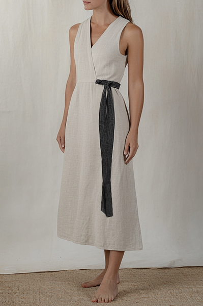 

V Neck Plain Linen Cotton And Linen Dress, Oatmeal, Maxi Dresses