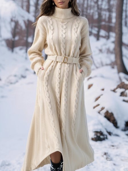 

Geometric Elegant Loosen Sweater Dress With No Belt, Apricot, Midi Dresses