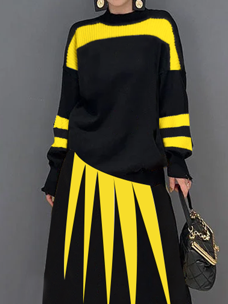 

Casual Crew Neck Loose Color Block Sweater, As picture, Pullovers