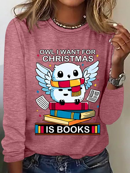 

Owl I Want For Christmas Is Books Casual Long Sleeve Shirt, Watermelon, Long sleeves