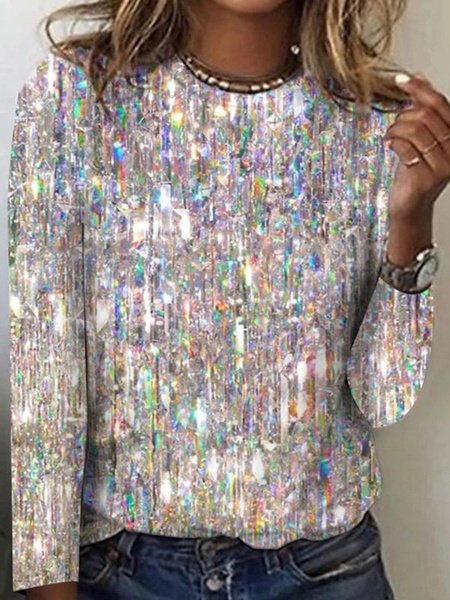 

Women's Sparkly Glitter Silver Holiday Long Sleeve Crew Neck T-shirt, As picture, T-Shirts
