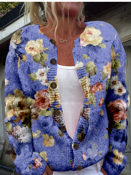 

Retro Fresh Flowers Print Buttoned Cardigan Sweater, Purple, Cardigans