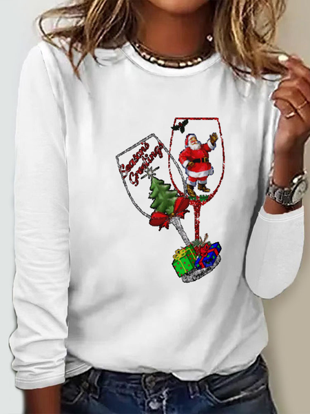 Crew Neck Casual Christmas Wine Glass Loose T-Shirt, White, Long sleeves