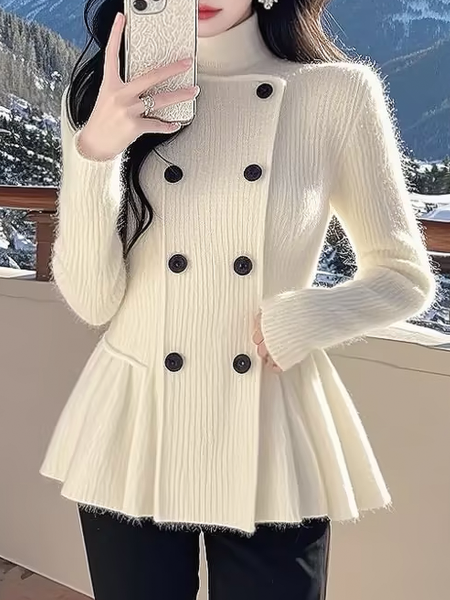 

High Elasticity Turtleneck Elegant Buttoned Sweater, Off white, Pullovers