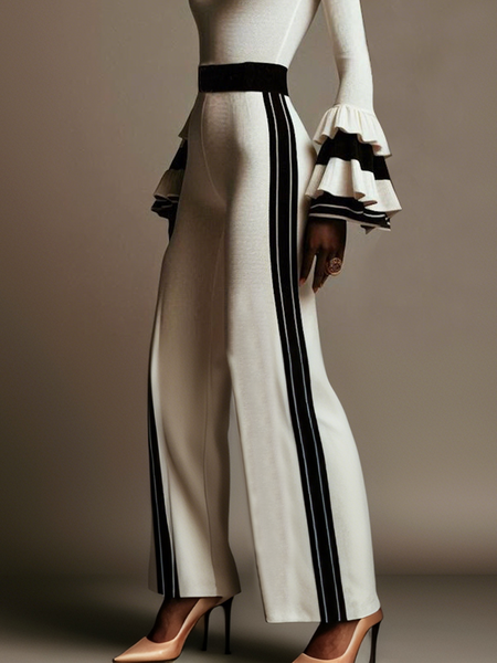 Loose High Elasticity Urban Color Block Sweater Pants, Black-white, Pants