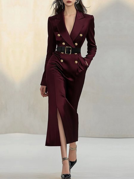 Plain Lapel Collar Elegant Buttoned Dress With No Belt, Wine red, Maxi Dresses