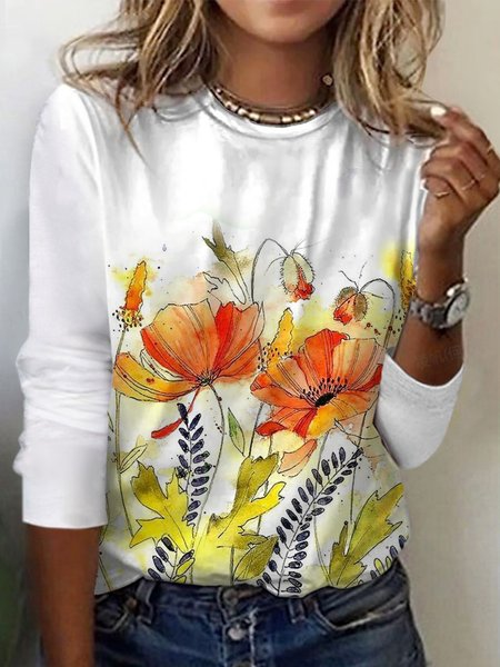 

Women's Long Sleeve Tee T-shirt Spring/Fall Floral Jersey Crew Neck Daily Going Out Casual Top, White, T-Shirts