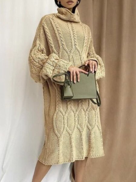 

Casual Plain Raglan Sleeve Loosen Sweater Dress, Khaki, Midi Dresses