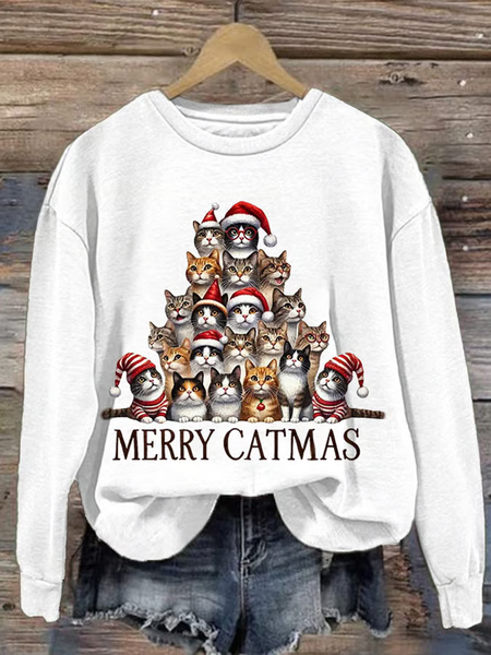

Women'S Christmas Cat Print Sweatshirt, White, Hoodies&Sweatshirts