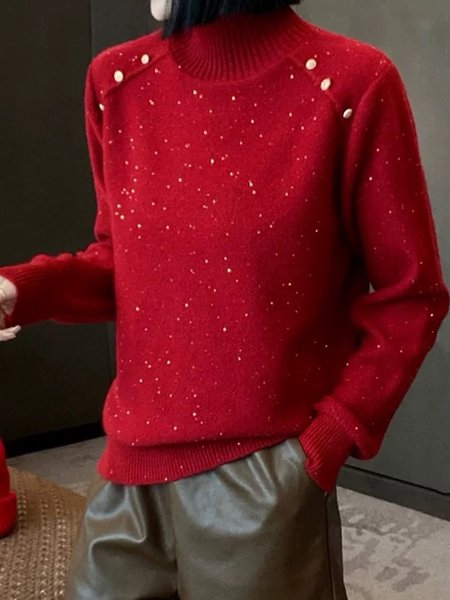 

Casual Stand Collar Plain Buttoned Sweater, Red, Pullovers