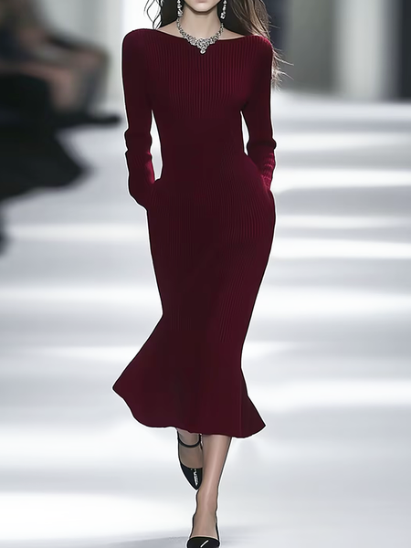 Elegant High Elasticity Sweater Midi Dress, Wine red, Midi Dresses