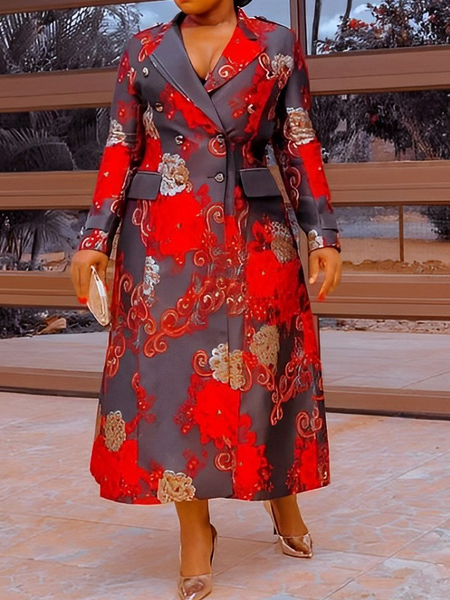 

Lapel Collar Floral Elegant Trench Long Coat, As picture, Coats