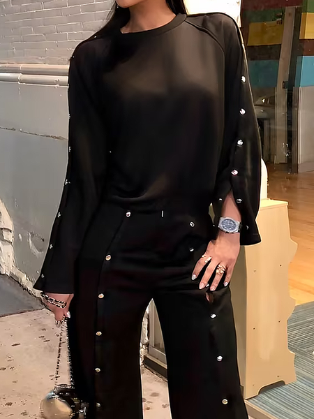 Loose Crew Neck Casual Split Sleeve Sweatshirt, Black, Hoodies and Sweatshirts