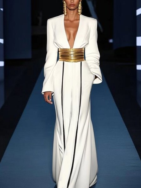 

Urban V Neck Plain Jumpsuit With No Belt, White, Jumpsuits