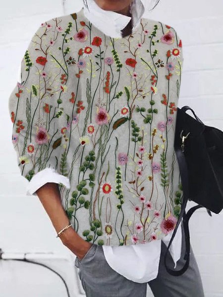 

Casual Crew Neck Floral Sweatshirt Zipper, Gray, Hoodies & Sweatshirts