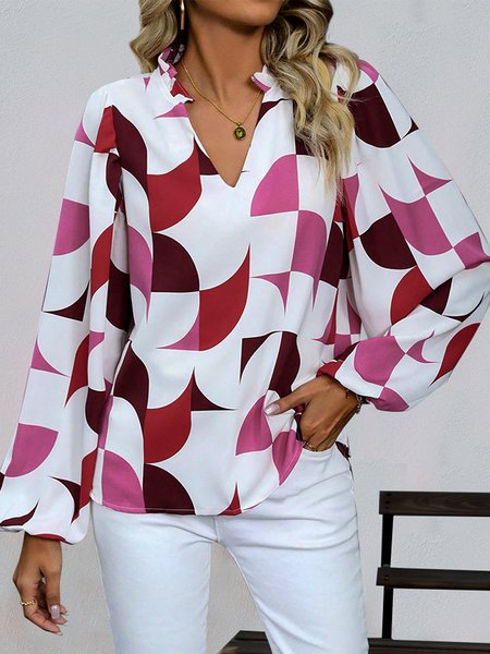 

Women's Long Sleeve Blouse Spring/Fall Colorblock V Neck Daily Going Out Casual Top, Rose red, Blouses