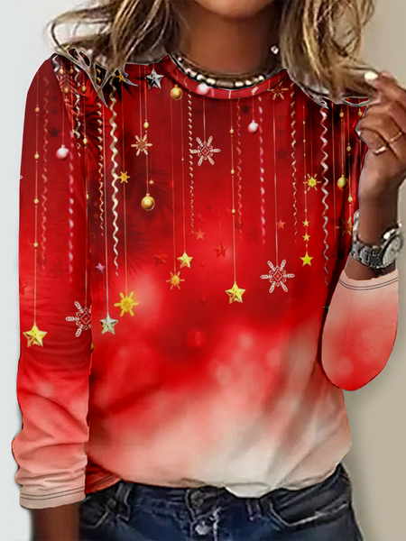 

Casual Christmas Crew Neck Long Sleeve T-shirt, Red, T-shirts