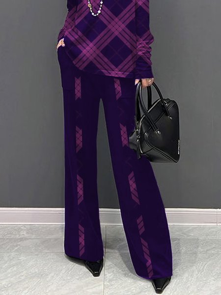 Casual Plaid Loosen Pants, Purple, Pants