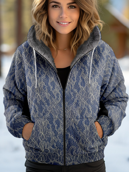 

Women's Floral Thicken Loose Jacket, Blue, Outerwear