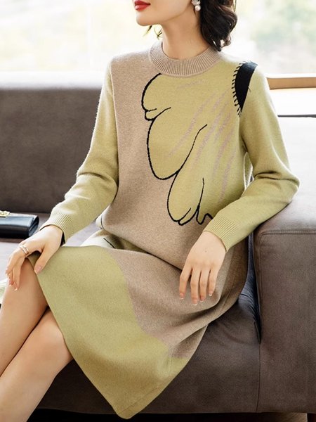 

Elegant Loose Crew Neck Floral Sweater Dress, As picture, Midi Dresses