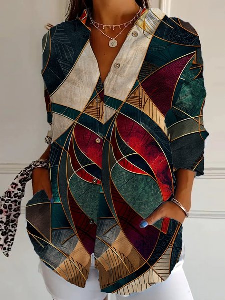 

Shirt Collar Long Sleeve Geometric Regular Loose Shirt For Women, Multicolor, Shirts