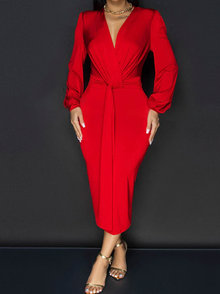 

Micro-Elasticity Elegant V Neck Tight Maxi Dress, Red, Maxi Dresses