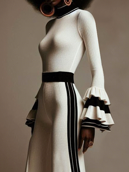 High Elasticity Ruffle Sleeve Urban Turtleneck Long Sleeve Tight Sweater, Black-white, Pullovers