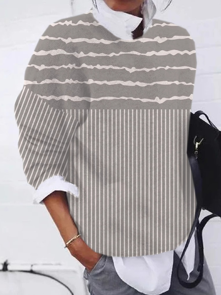 

Casual Crew Neck Striped Sweatshirt Zipper, Gray, Hoodies & Sweatshirts