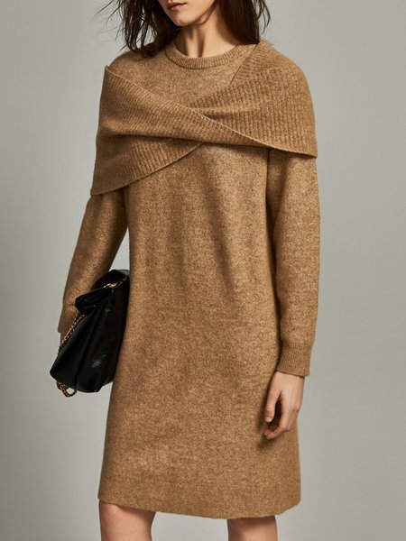 Casual Crew Neck Plain Sweater Dress With Scarf, Khaki, Midi Dresses