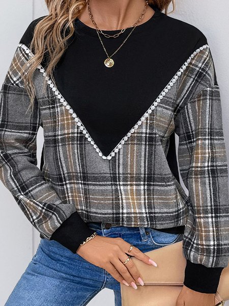 Women's Crew Neck Plaid Casual Spring/Fall Long Sleeve Sweatshirt, Black, Sweatshirts & Hoodies