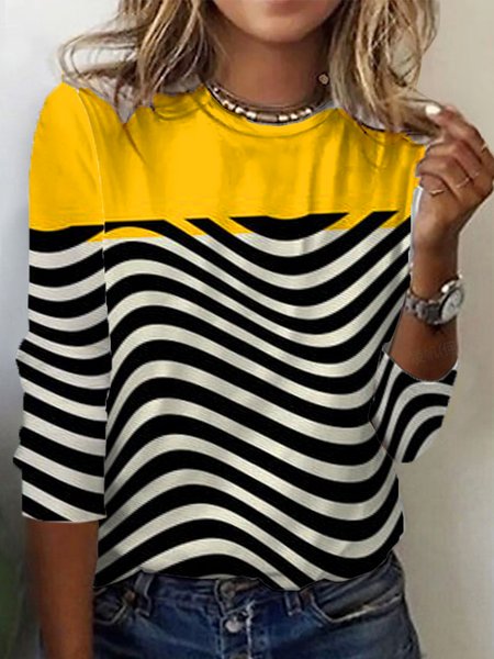 

Women's Long Sleeve Tee T-shirt Spring/Fall Striped Jersey Crew Neck Daily Going Out Casual Top, Yellow, T-Shirts