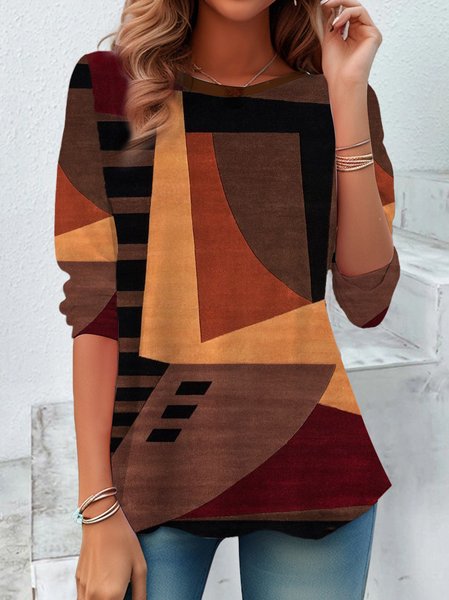 

Women's Long Sleeve T-shirt Spring/Fall Brown Colorblock Jersey Crew Neck Daily Going Out Casual Top, Long sleeves