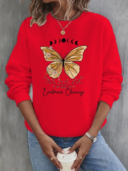 

Loose Crew Neck Casual Butterfly Sweatshirt, Red, Hoodies&Sweatshirts