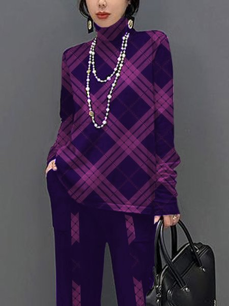 

Casual Loose Turtleneck Plaid Sweater, Purple, Pullovers