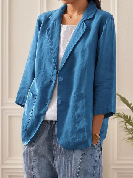 

Casual Plain Cotton And Linen Blazer, Purplish blue, Outerwear