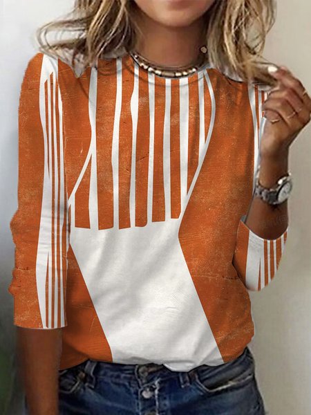 

Women's Long Sleeve Tee T-shirt Spring/Fall Striped Jersey Crew Neck Daily Going Out Casual Top, Orange, T-Shirts