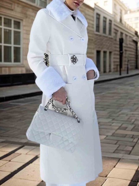 

Buttoned Elegant Fur Colla Plain Regular Fit Coat With Belt, White, Coats