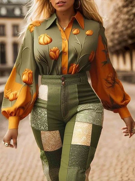 

Floral Balloon Sleeve Elegant Loosen Long Sleeve Shirt, Green, Blouses and Shirts