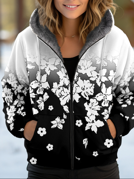 

Women's Floral Thicken Loose Jacket, Black, Outerwear