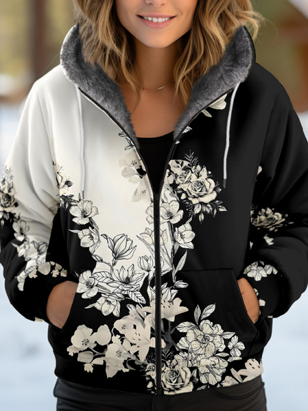 

Women's Floral Thicken Loose Jacket, Black, Outerwear