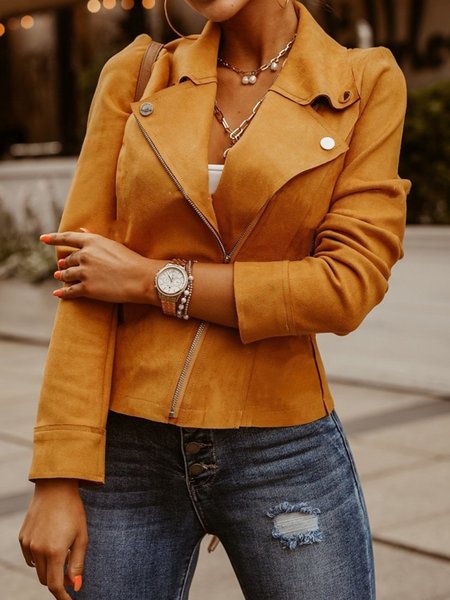

Women's Spring/Fall Outerwear Casual Plain Long Sleeve Lapel Collar Jacket, Yellow, Coats